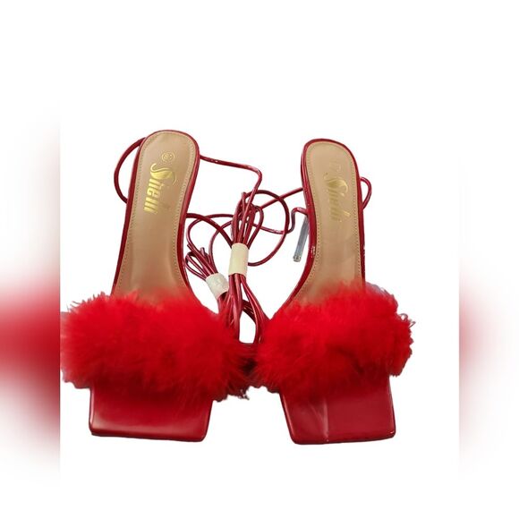NWOT Shein Women's Red Clear Stiletto Heel Red Feather Red Leg Ties Size 8.5 - Picture 6 of 8